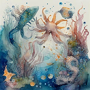 Underwater background with various sea views in watercolor style. Underwater scene. Cute sea fishes and ocean underwater animals
