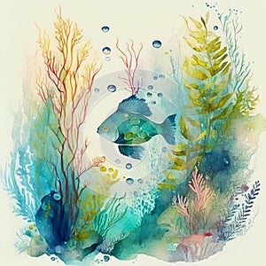 Underwater background with various sea views in watercolor style. Underwater scene. Cute sea fishes ocean underwater animals