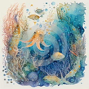 Underwater background with various sea views in watercolor style. Underwater scene. Cute sea fishes ocean underwater animals
