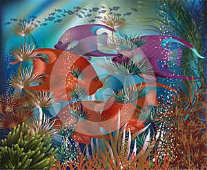 Underwater banner with tropical fish, vector