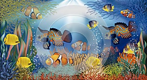 Underwater banner tropical fish, vector