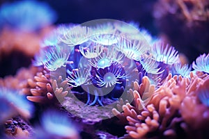 Underwater beautiful colorful dancing reef Anemone group coral tropical animal Anemonefish nature salt water fish tank