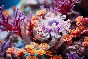 Underwater beautiful colorful dancing reef Anemone group coral tropical animal Anemonefish nature salt water fish tank