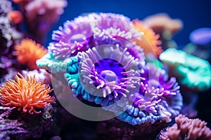 Underwater beautiful colorful dancing reef Anemone group coral tropical animal Anemonefish nature salt water fish tank