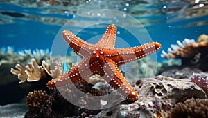 Underwater beauty tropical fish, coral reef, and starfish in blue sea generated by AI