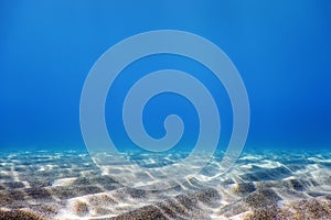 Underwater Blue Ocean, Sandy sea bottom Underwater background