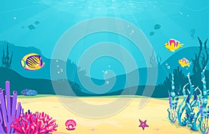Underwater cartoon background with fish, sand, seaweed, pearl, jellyfish, coral, starfish. Ocean sea life, cute design photo