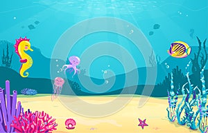 Underwater cartoon background with fish, sand, seaweed, pearl, jellyfish, coral, starfish, octopus, sea horse. Ocean sea