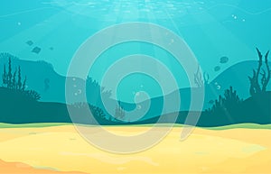 Underwater cartoon flat background with fish silhouette, sand, seaweed, coral. Ocean sea life, cute design