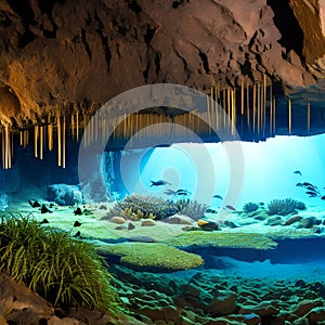 An underwater cave with bioluminescent creatures lighting the way4, Generative AI