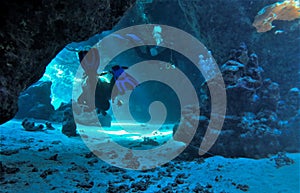 Underwater cave with sunlight and sunbeams