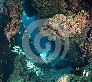 Underwater cavern with sunlight