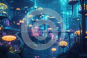 An underwater city with bioluminescent coral. Resplendent.