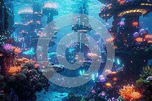 An underwater city with bioluminescent coral. Resplendent.