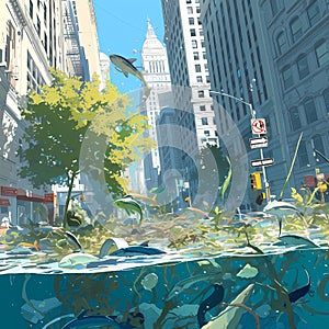 Underwater Cityscape with Swarming Fish - Eco-Futuristic Concept Art