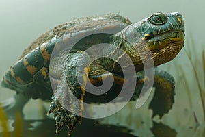 Underwater Close up of a Freshwater Turtle Gliding Gracefully in a Natural Habitat with Murky Waters and Mysterious Ambiance