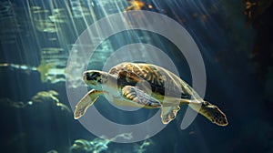 An underwater closeup of a majestic sea turtle swimming gracefully through crystal clear water illuminated by beams of