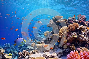 Underwater with colorful sea life fishes and plant at seabed background, Colorful Coral reef landscape in the deep of ocean.