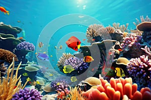 Underwater with colorful sea life fishes and plant at seabed background, Colorful Coral reef landscape in the deep of ocean.