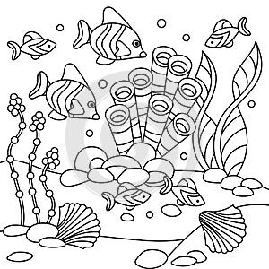 Underwater coloring book page for adult and older children. Fish and coral,algae seaweed , under sea world. Vector illustration