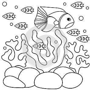 Underwater coloring book page for children. Fish and coral, seaweed , underwater world