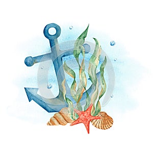 Underwater composition of seaweeds, red starfish, seashells and blue nautical anchor on watercolor splash. Watercolor