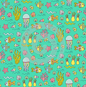 Underwater coolorful sea doodles seamless vector pattern