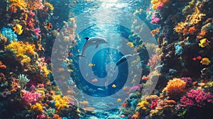 Underwater Coral Reef with Dolphins and Vibrant Fish photo