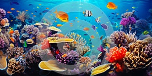 Underwater coral reef landscape with colorful fish