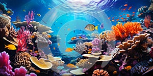 Underwater coral reef landscape with colorful fish