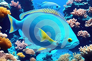 Underwater coral reef landscape with fish, generative ai, in the deep blue ocean with colorful marine life