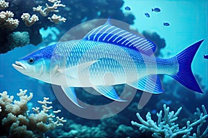 Underwater coral reef landscape with fish, generative ai, in the deep blue ocean with colorful marine life