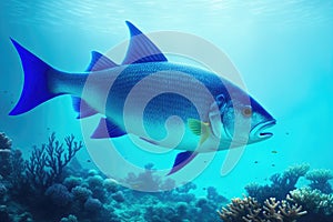 Underwater coral reef landscape with fish, generative ai, in the deep blue ocean with colorful marine life photo