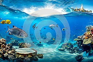 Underwater coral reef landscape super wide banner background in the deep blue ocean.