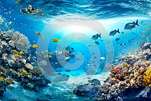 Underwater coral reef landscape super wide banner background in the deep blue ocean.