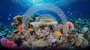 Underwater coral reef landscape super wide banner background in deep blue ocean. Illustration AI Generative