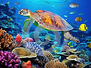 Underwater coral reef landscape wide 2to1 panorama background in the deep blue ocean with colorful fish sea turtle marine wild