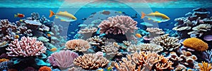 underwater coral reef landscape wide panorama background in the deep blue ocean with colorful fish and marine life