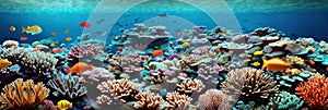 underwater coral reef landscape wide panorama background in the deep blue ocean with colorful fish and marine life