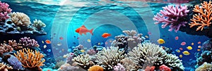 underwater coral reef landscape wide panorama background in the deep blue ocean with colorful fish and marine life