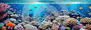 underwater coral reef landscape wide panorama background in the deep blue ocean with colorful fish and marine life