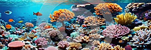 underwater coral reef landscape wide panorama background in the deep blue ocean with colorful fish and marine life