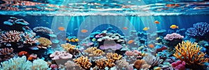 underwater coral reef landscape wide panorama background in the deep blue ocean with colorful fish and marine life