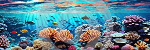 underwater coral reef landscape wide panorama background in the deep blue ocean with colorful fish and marine life