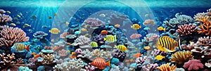 underwater coral reef landscape wide panorama background in the deep blue ocean with colorful fish and marine life