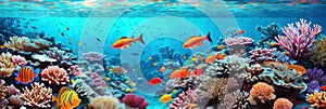 underwater coral reef landscape wide panorama background in the deep blue ocean with colorful fish and marine life