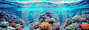 underwater coral reef landscape wide panorama background in the deep blue ocean with colorful fish and marine life