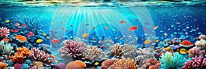 underwater coral reef landscape wide panorama background in the deep blue ocean with colorful fish and marine life