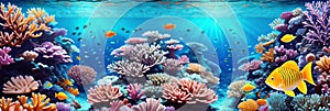 underwater coral reef landscape wide panorama background in the deep blue ocean with colorful fish and marine life