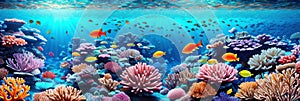 underwater coral reef landscape wide panorama background in the deep blue ocean with colorful fish and marine life